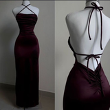 Burgundy Straps Open Back Satin Long Party Dress Birthday Outfits HZ0319