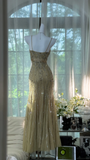 Vintage Shiny Light Green Spaghetti Strap Elegant Design A-line Beaded Romantic Chiffon Evening Dress Prom Dress HZ0319