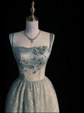 Light Blue Straps A-Line Tulle Lace Long Formal Prom Dress HZ0319