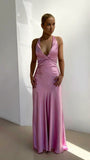 Elegant Purple V Neck Halter Sheath Satin Simple Long Prom Dress HZ0319