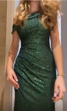 Green Off Shoulder Sheath Sequins Long Formal Party Dress HZ0319