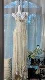 Gorgeous Shiny Beige Beaded Sequin Spaghetti Strap Design Chiffon Prom Dress Evening Dress HZ0319