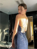 Navy Blue Straps Sequins Sheath Long Formal Party Dress with Split HZ0319