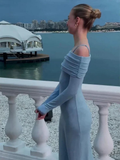Blue Off Shoulder Long Sleeves Sheath Long Party Dress Evening Dress, HZ0319