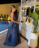 Navy Blue One Shoulder A-Line Satin Long Formal Evening Party Dress HZ0319