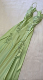 Green V Neck Straps Appliques Long Evening Party Dress HZ0319