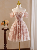 Retro Pink Applique Off-the-shoulder Design A-line Tulle Party Dress Homecoming Dress HZ0319