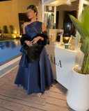 Navy Blue One Shoulder A-Line Satin Long Formal Evening Party Dress HZ0319