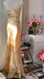 Retro Golden Strapless Floral Elegant Design A-line Beaded Romantic Chiffon Evening Dress Prom Dress HZ0319