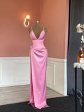 2026 Sexy Pink Prom Dress Satin V-neck Evening Dress Gala Gown Birthday HZ0319