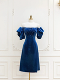 Dark Blue Off Shoulder Midi Cocktail Dress with Pearls HZ0319