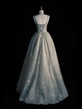 Light Blue Straps A-Line Tulle Lace Long Formal Prom Dress HZ0319