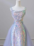 Lilac Straps Sequins Mermaid Long Formal Party Dress with Train HZ0319