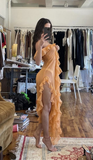 Light Orange Strapless Ruffles Long Party Dress Sexy Evening Dress, HZ0319