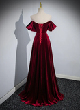 Elegant Wine Red Off Shoulder A-Line Velvet Long Prom Dress HZ0319