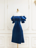 Dark Blue Off Shoulder Midi Cocktail Dress with Pearls HZ0319