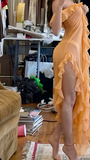 Light Orange Strapless Ruffles Long Party Dress Sexy Evening Dress, HZ0319