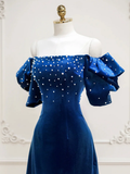 Dark Blue Off Shoulder Midi Cocktail Dress with Pearls HZ0319