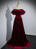 Elegant Wine Red Off Shoulder A-Line Velvet Long Prom Dress HZ0319