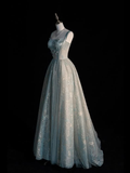 Light Blue Straps A-Line Tulle Lace Long Formal Prom Dress HZ0319