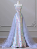 Lilac Straps Sequins Mermaid Long Formal Party Dress with Train HZ0319