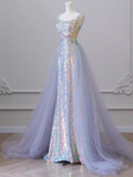 Lilac Straps Sequins Mermaid Long Formal Party Dress with Train HZ0319