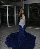 Royal Blue Sequins Black Girl Mermaid Long Evening Party Dress HZ0319