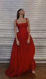 Charming Red Straps A-Line Tulle Long Evening Party Dress HZ0319