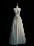 Light Blue Straps A-Line Tulle Lace Long Formal Prom Dress HZ0319