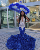 Royal Blue Sequins Black Girl Mermaid Long Evening Party Dress HZ0319