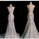 Stunning White Backless Mermaid Shiny Party Gown Wedding Dress, HZ0319
