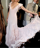 Pink V Neck Mermaid Ruffles Chiffon Long Party Dress Vintage Evening Dress, HZ0319