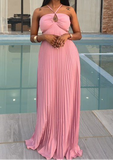 Blue Halter A-Line Open Back Pleated Satin Long Party Dress HZ0319