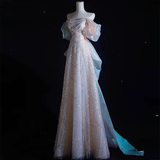Light Pink Off Shoulder A-Line Sequins Pearls Long Formal Party Dress HZ0319