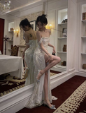 Glitter Off Shoulder A-Line Long Party Dress Birthday Outfits HZ0319
