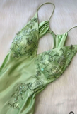 Green V Neck Straps Appliques Long Evening Party Dress HZ0319