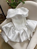 Cute White Strapless Ruffled Hem Design A-line Satin Party Dress Homecoming Dress, HZ0319