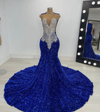 Royal Blue Sequins Black Girl Mermaid Long Evening Party Dress HZ0319