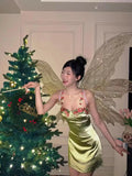 Vintage Green Floral Mermaid Spaghetti Strap Design Satin Prom Dress Evening Dress HZ0319