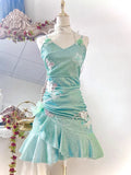 Fashion Mint Green Sparkling Sequin Spaghetti Strap Ruffled Hem Short 16th Birthday Party Dress Homecoming Dress HZ0319