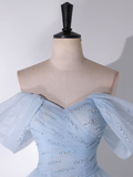 A-Line Off Shoulder Tulle Lace Blue Long Prom Dress, Blue Long Formal Dress HZ0319