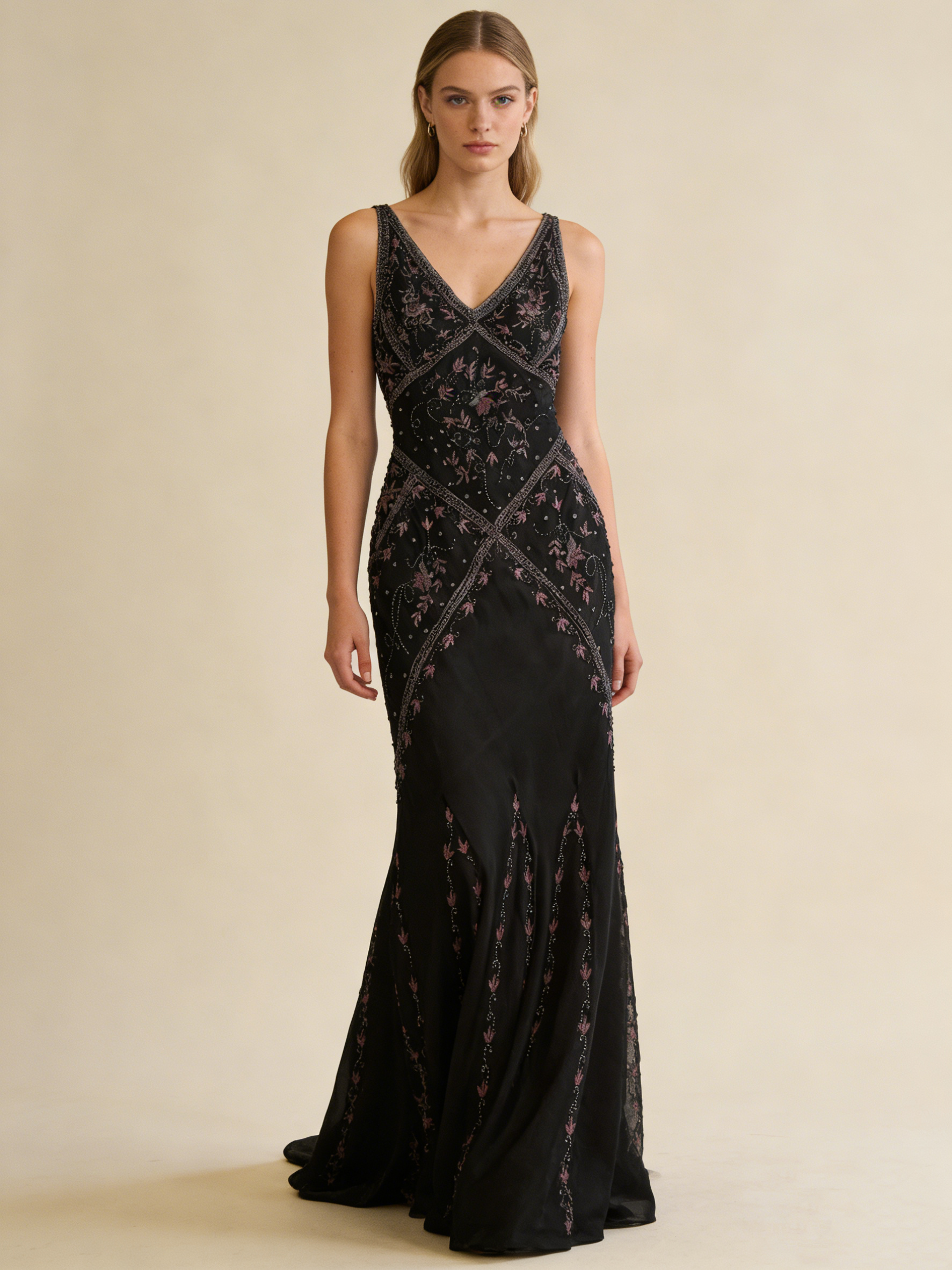 Black V Neck Sheath Beading Vinatge Long party Dress Evening Dresses, HZ0319