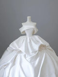 Elegant White Satin Off-the-shoulder Ruffle Ball Gown Design A-Line Wedding Dress, HZ0319
