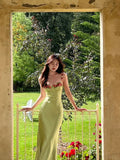 Vintage Green Floral Mermaid Spaghetti Strap Design Satin Prom Dress Evening Dress HZ0319