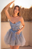 Vintage Blue Applique Strapless Design A-line Tulle Party Dress Homecoming Dress HZ0319