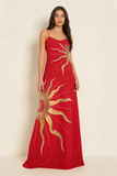 Charming Red Spaghetti Straps A-Line Embroidery Long Evening Dress, HZ0319