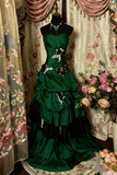 Navy Blue Strapless Appliques Satin Vintage Long Evening Gown, HZ0319