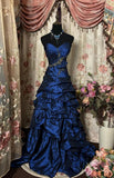 Navy Blue Sweetheart A-Line Satin Vintage Evening Gown, HZ0319
