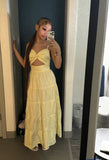 Light Yellow Spaghetti Straps A-Line Long Party Dress, HZ0319