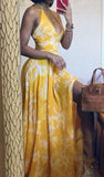 Yellow Halter A-Line Split Fashion Vacation Dress Long Party Dress, HZ0319